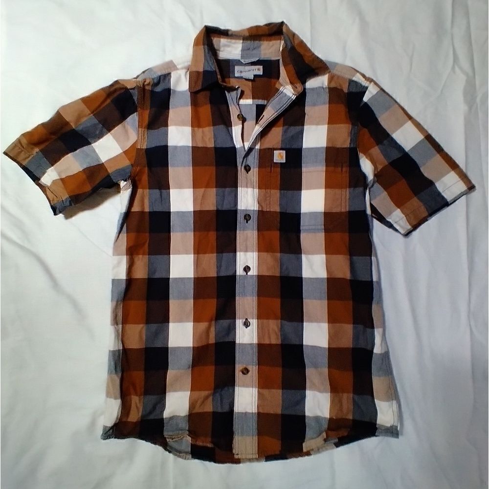 CARHARRT SIZE SMALL BROWN NAVY PLAID RELAXED FIT BUTTON DOWN SHORT SLEEVE SHIRT